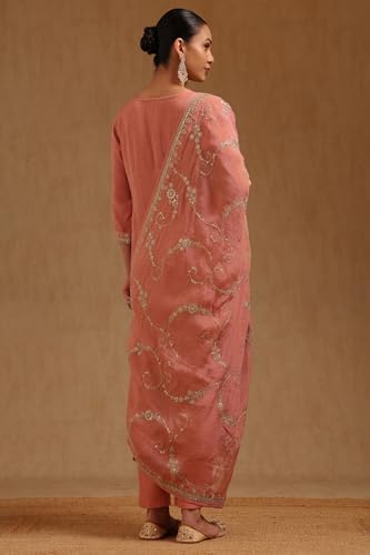 Soch Womens Peach Tissue Embroidered Suit Set With Zari