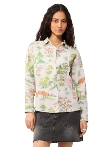 The Souled Store Kaleidoscope Women and Girls Long Sleeves Spread Collar White Scenic Landscape Printed Cotton Oversized Fit Lightweight All-Season Shirt