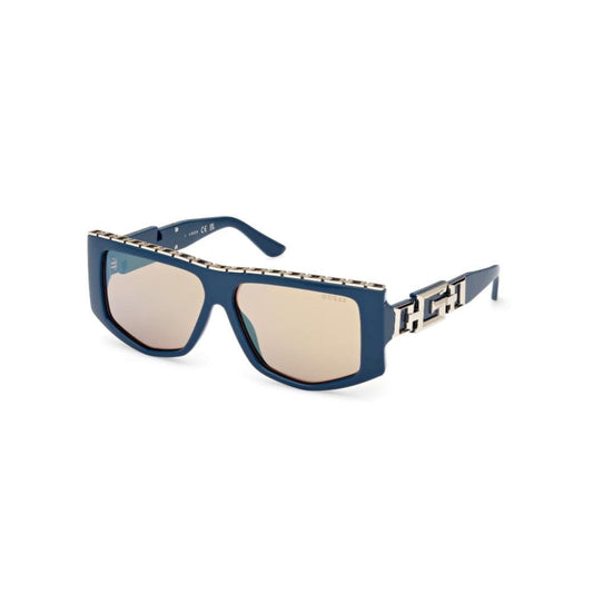 Guess sunglasses| 100% UV protected | Solid Mirror | Full Rim | Pentagon | Women | Large | Shiny Light Gold-Shiny Blue Alloy Metal Frame | Solid Mirror-Brown Lens