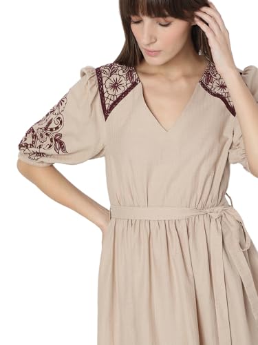 Vero Moda Women's Cotton Blend Fit and Flare Midi Dress (9013710- Beige