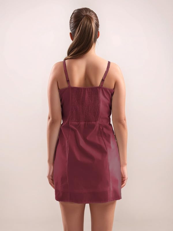 Zink London Maroon Plain Sleeveless Short Dress