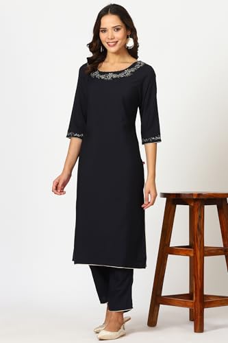 W for Woman Navy Blue Metallic Embroidered Straight Festive Kurta, Straight Pants and Jacquard Dupatta Set (Size: XS)-24AUWS11187-222209