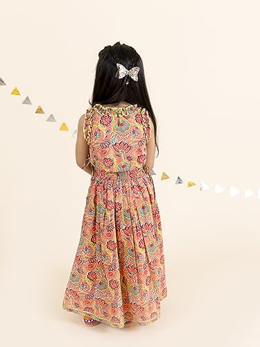 Pspeaches Girl's Coral Blue Printed Ready To Wear Cotton Readymade Lehenga Choli (Orange-8-10Y)