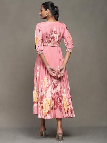 Ritu Kumar Rose Pink Botanic Print Long Dress with Attached Belt