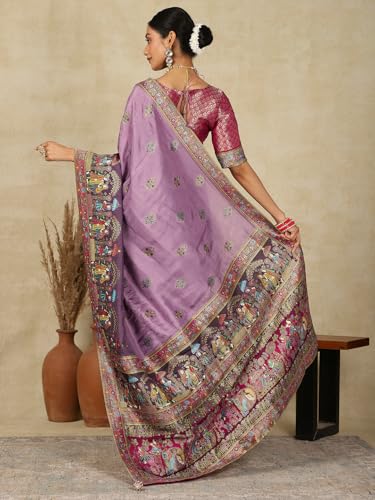 AKHILAM Women's Lavendar Viscose Silk Ethnic Motif Saree With Unstitched Blouse Piece (MSTANI161A_HS)