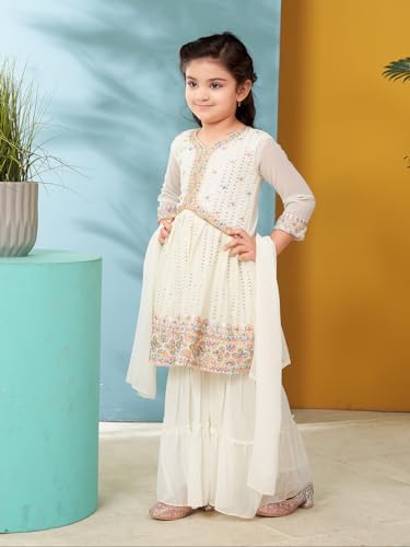 Aarika Girls Ethnic Wear Cream Colour Thread Sequin Embroidery Georgette Kurti Sharara Set (5-11 Years)