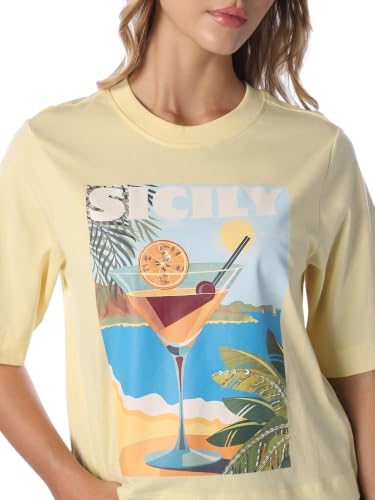 ONLY Women's Graphic Print Regular Fit Yellow T-Shirt
