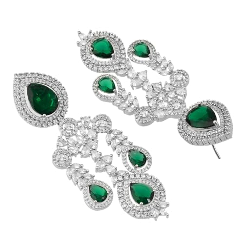 VOYLLA Sparkling Elegance Emerald Green Statement American Diamond Necklace Set|Collar Necklace Set For Women|American Diamond Necklace Set For Women|Gift For Her|Rakhi Gift For Sister|