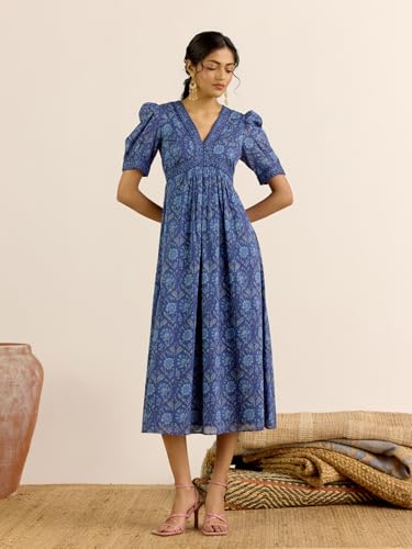 Aarke Ritu Kumar Denim Blue Fiona Fit & Flare Sleeveless Long Dress