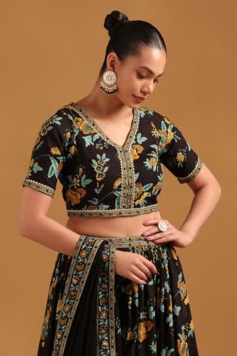Soch Womens Black Cotton Botanical Lehenga Choli Set With Gotta Patti
