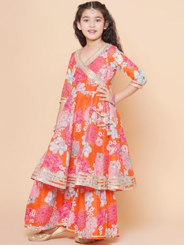 Bitiya By Bhama Girls Orange Floral Printed Angrakha Anarkali Kurta & Sharara With Dupatta(TKS141)