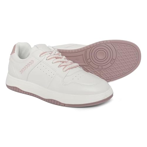 ROSEMEAD Women Casual Sneaker Shoes |Stylish and Comfortable Lace-Up Style Soft Cushioned Insole, Slip-Resistance (White-Peach) White-Peach_UK- 3