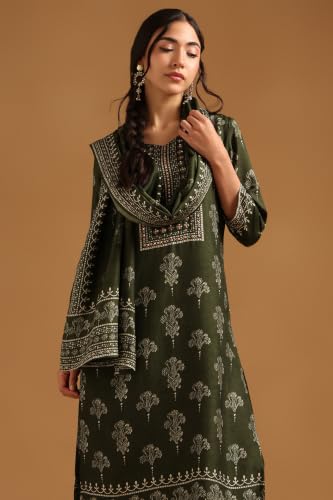 Soch Womens Green Dola Silk Botanical Printed Salwar Suit With Beads And Stones
