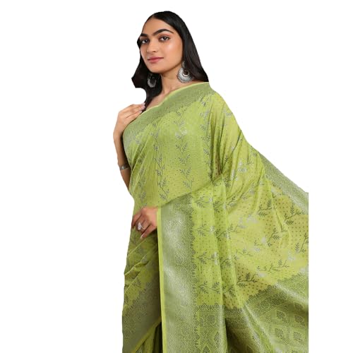 Kalyan Silks Black & Silver Buttas Yellowish Green Saree