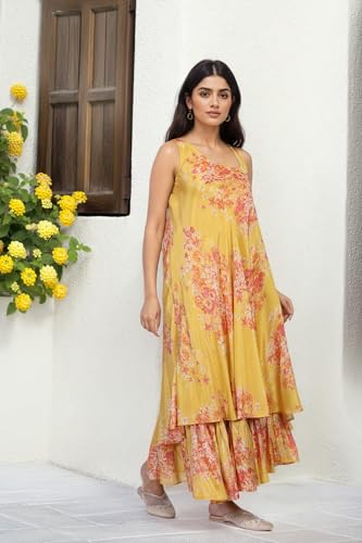 W for Woman Yellow Floral Printed Zari Work A-Line Tissue Dress - (W13202-126222-XS)