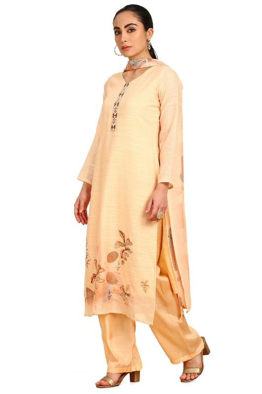 Soch Womens Light Yellow Abstract Print Linen Unstitched Dress Material With Mirrors