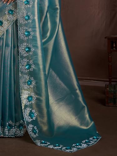 SAREE MALL Women's Teal blue Organza Embellished Saree With Unstitched Blouse (MAHEK926E_MK)