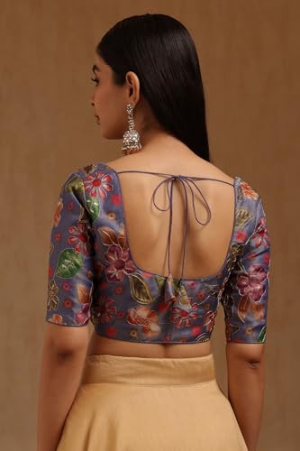 Soch Womens Blue Tissue Floral Print Padded Blouse with Sequins