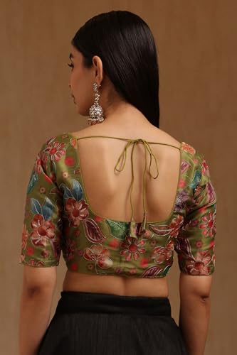 Soch Womens Olive Tissue Floral Print Padded Blouse with Sequins
