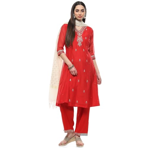 BIBA Women EMBROIDERY KALIDAR SALWAR KURTA DUPATTA(SKDJEWELLED CHARM8990_RED_32)