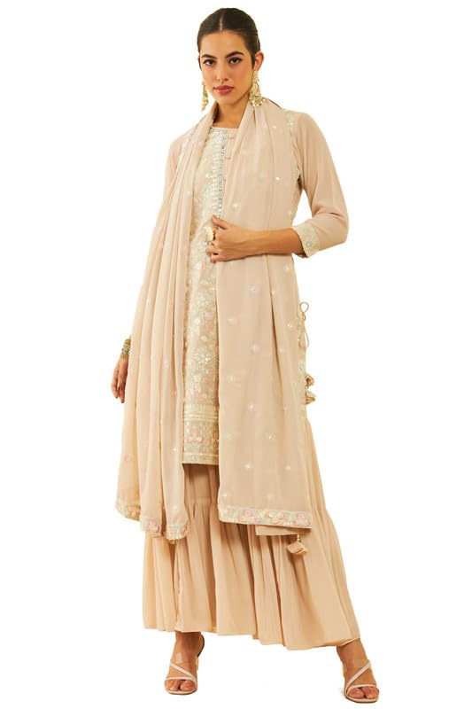Soch Womens Beige Georgette Sequinned Embellished Suit Set with Tie-Ups