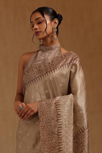 Soch Womens Brown Tussar Embroidered Saree With Thread Work