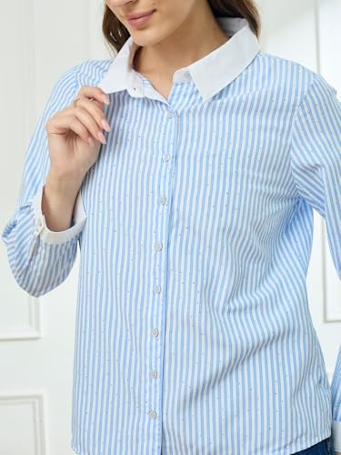 Latin Quarters Women's Blue Full Sleeves Collar Neck Casual Stripes Shirt_S