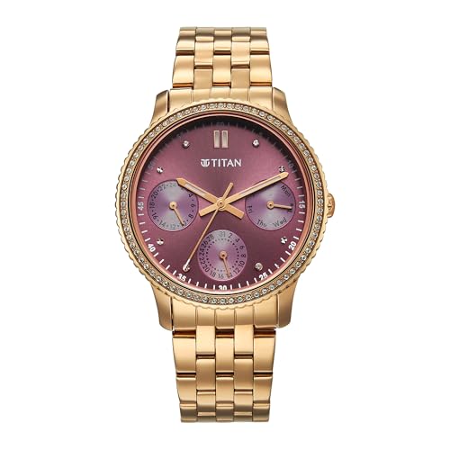 Titan Purple Sports Fashion Quartz Purple Dial Stainless Steel Strap Watch for Women