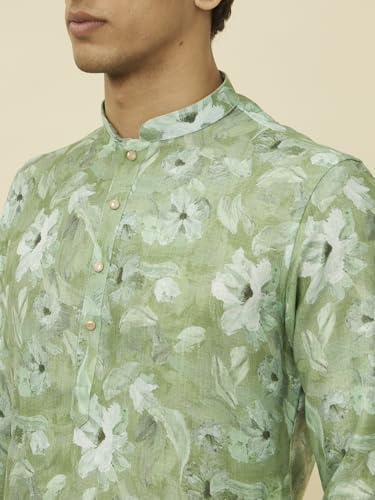 Manyavar Men's Sage Green Floral Printed Kurta (L)