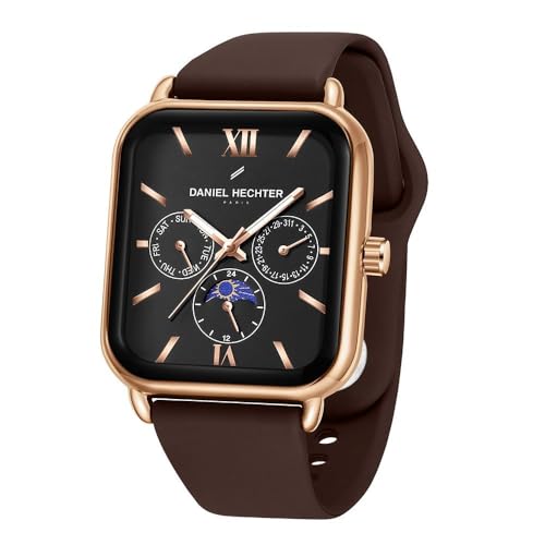Daniel Hechter Paris Montmartre Unisex Multifunction Square Watch – Black Dial with Day-Date & 24-Hour Subdials, Moonphase Display, Sustainable Silicone Strap