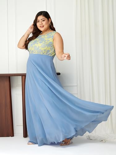 Miss Chase A+ Women's Round Neck Sleeveless & Lace Floral Fit & Flare Maxi Dress (APSS21D06-11-471-06, Cloud Blue, XL)