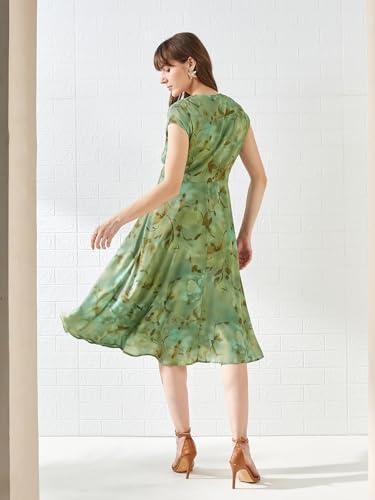Latin Quarters Women's Green Cap Sleeves V-Neck Printed Casual Midi Dress_XXL