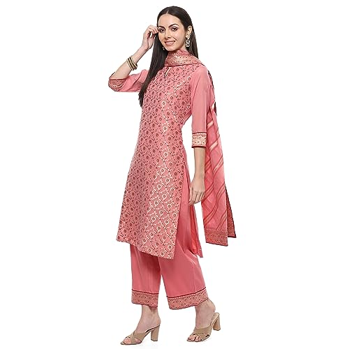Biba WOMEN YARNDYED STRAIGHT SALWAR KURTA DUPATTA(SKDBANARASI8851_BLUSH PINK_34)