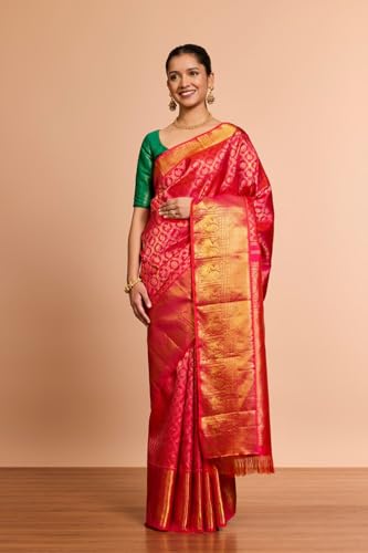 Taneira Women Pink Pure Silk Woven Kanjeevaram Saree With Unstitched Blouse Piece (SAPH01AC5026-Pink)