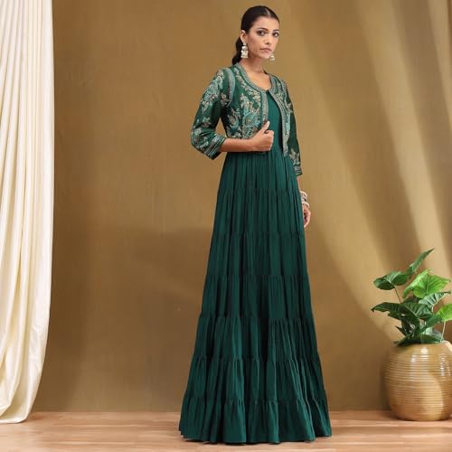 BIBA Emerald Green Silk Festive Tiered Anarkali Dress