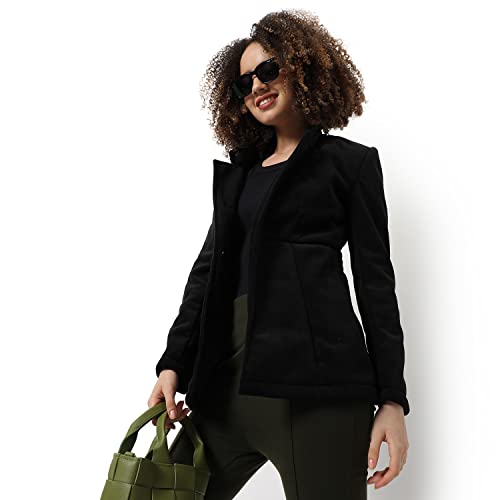 Campus Sutra Women Black Solid Regular Fit Blazer for Winter Wear | Collared Neck | Full Sleeve | Buttoned | Casual Jacket for Woman & Girl | Western Stylish Jacket for Women