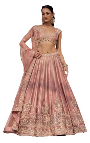 JIHU CULTURE Women’s Semi-Stitched Pink Fancy Silk Zari & Sequin Embroidered Lehenga Choli with Net Dupatta