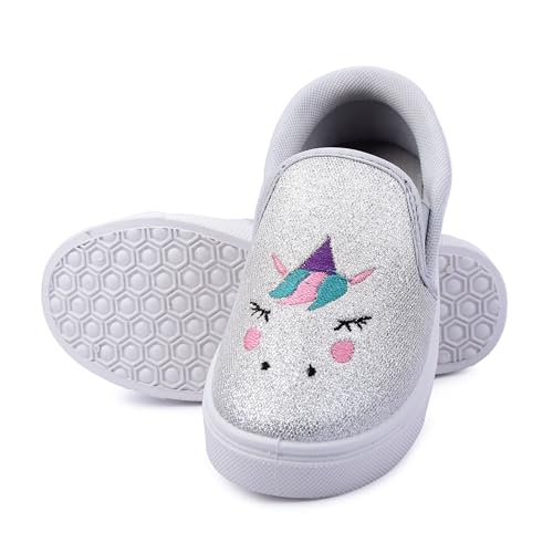 Myau Girls' Glitter Embroidery Design Slip-On Shoes, Casual Sneakers for 3-8 Years (Silver, UK Footwear Size System, Little Kid, Women, Numeric, Medium, 12)