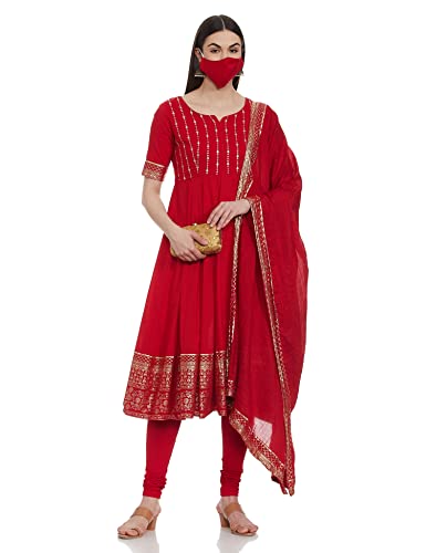 BIBA WOMEN EMBROIDERY FITTED SALWAR KURTA DUPATTA(SKD7459E_RED_36)