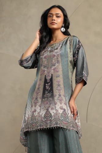 Soch Womens Teal Muslin Ethnic Motifs Printed Co-Ord Set With Beads