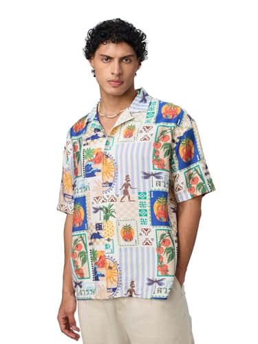The Souled Store Originals: Soul Traveller Men and Boys Short Sleeves Collared Neck Multicolor All Over Printed Viscose Blend Regular Fit Casual Holiday Shirt