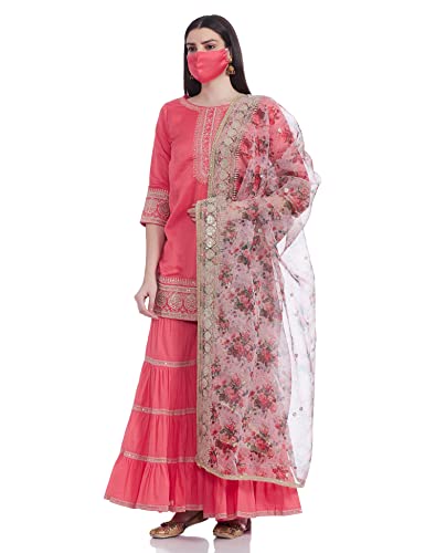 BIBA WOMEN SOLID; EMBROIDRED RELAXED SALWAR KURTA DUPATTA(SKDRUHANI7543_CORAL_38)