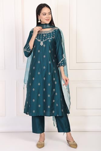 W for Woman Turquoise Embroidered Zari Sequined Straight Silk Blend Kurta with Straight Pant and Dupatta Set (WS13398-126896-M)