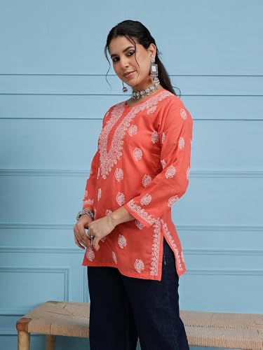 Ada Women's Cotton Regular Fit Top Tunic Hand Embroidered Lucknowi Chikankari Short Kurti A911387 Coral Red (Medium)
