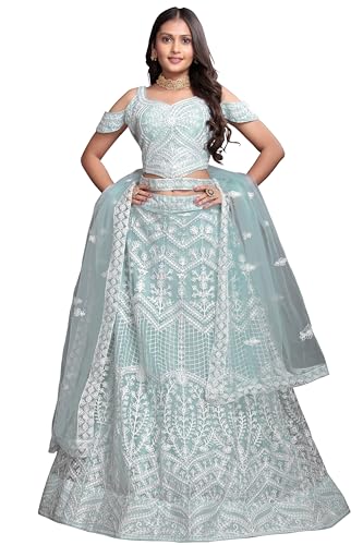 VARNI FABRICS: A lady's First Love Women’s Net Embroidered Lehenga Choli Set Elegant Ethnic Wear for Festive & Wedding Occasions (BLUE)
