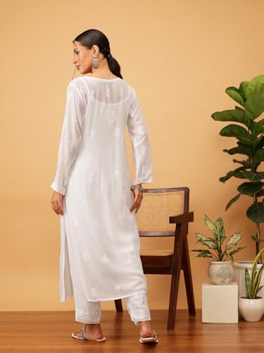 Ada Hand Embroidered Lucknowi Chikankari Viscose Georgette Kurta and Pant Set for Women A811292 White (M)