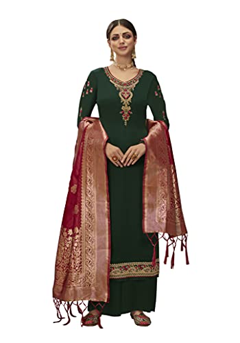 VUBA Satin Suit For Women's Embroidered Semi Stitched Top With Unstitched Santoon Bottom and Pure Woven Banarasi Dupatta Straight Kurta Dress Material (Pakistani Salwar Suit) Green