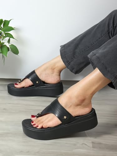 ELLE Women's Fashionable Thong Comfartable Sandals,Black,UK-7