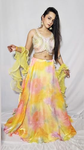 Designer Tie-Dye Lehenga Choli Set, Multicolour Organza, 3-Piece with Free Size Blouse and Dupatta