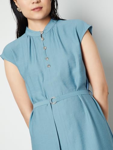 Max Women Textured Belted Midi Dress (Blue_S)